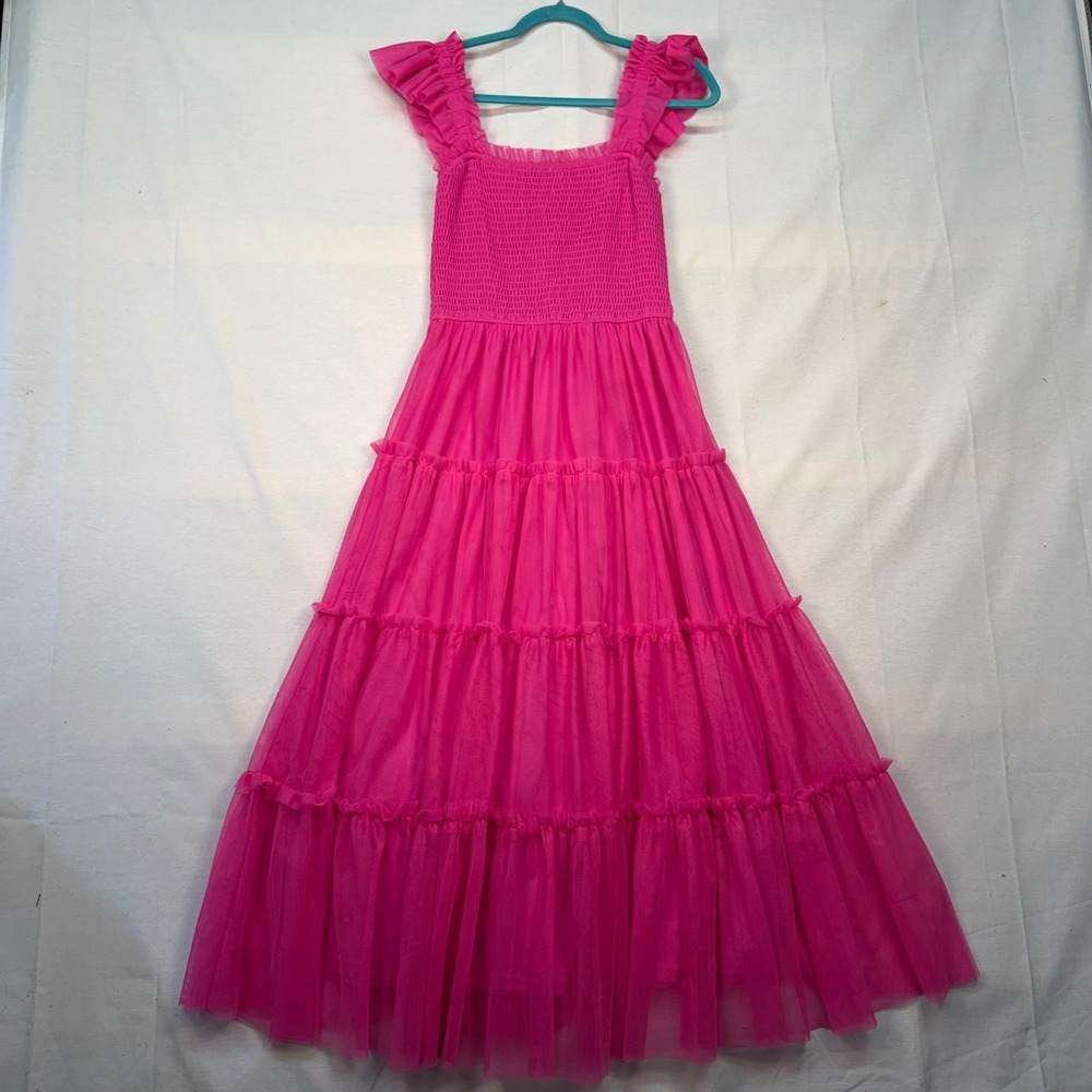 BiBi Womens Hot Pink Tulle Maxi Dress Smocked Ruffle Tiered Gown ID1402-01 Small